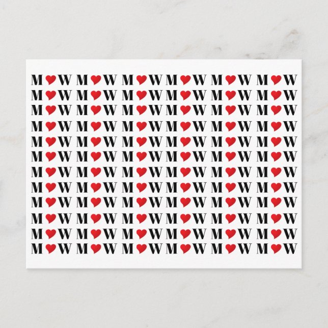 Cute red heart couple monogram typography pattern postcard (Front)