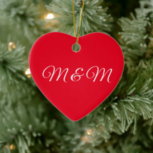 Cute red heart couple script initials elegant ceramic ornament