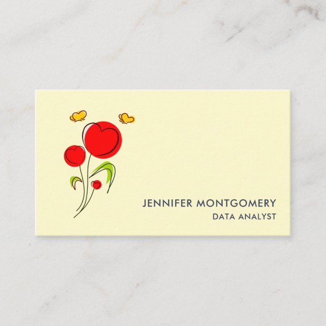 Cute Red Heart Flowers and Yellow Butterflies Business Card (Front)