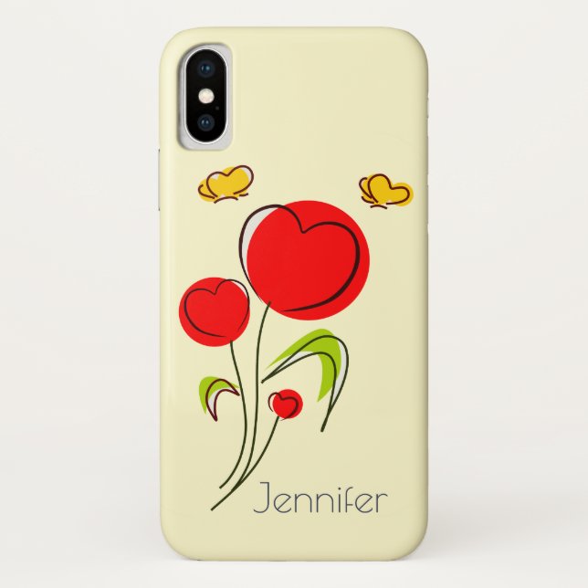 Cute Red Heart Flowers and Yellow Butterflies Case-Mate iPhone Case (Back)