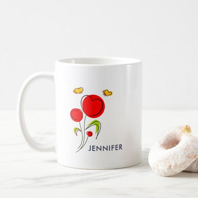 Cute Red Heart Flowers and Yellow Butterflies Coffee Mug (With Donut)