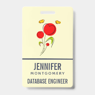 Cute Red Heart Flowers and Yellow Butterflies ID Badge