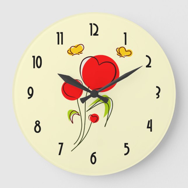 Cute Red Heart Flowers and Yellow Butterflies Large Clock (Front)