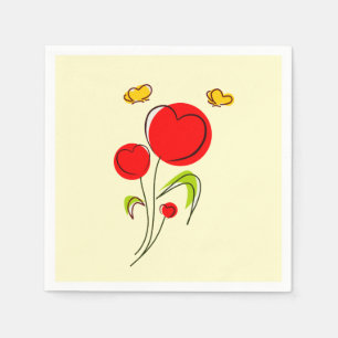 Cute Red Heart Flowers and Yellow Butterflies Napkin