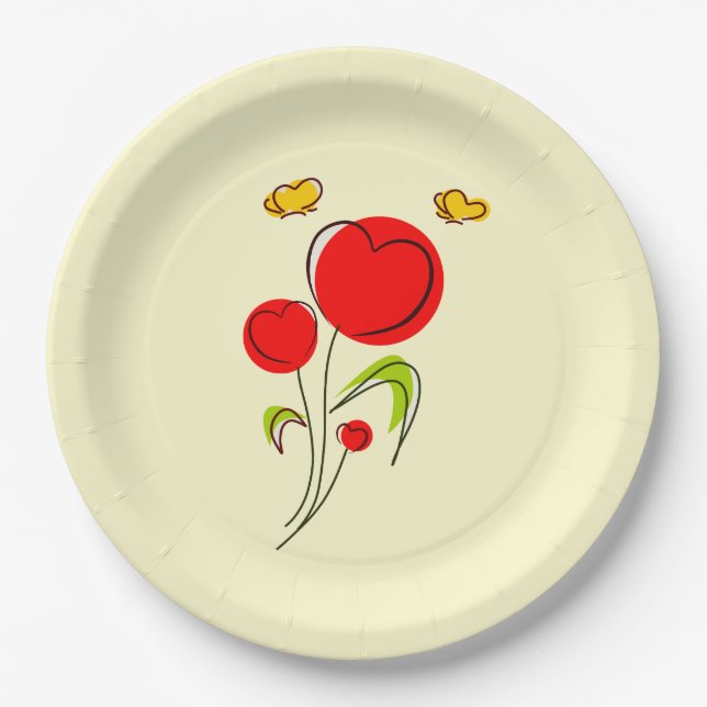 Cute Red Heart Flowers and Yellow Butterflies Paper Plate (Front)