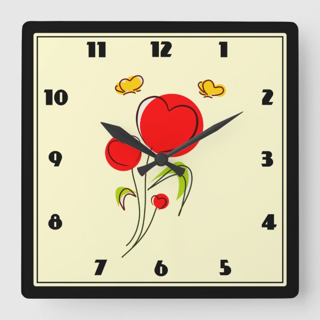 Cute Red Heart Flowers and Yellow Butterflies Square Wall Clock (Front)