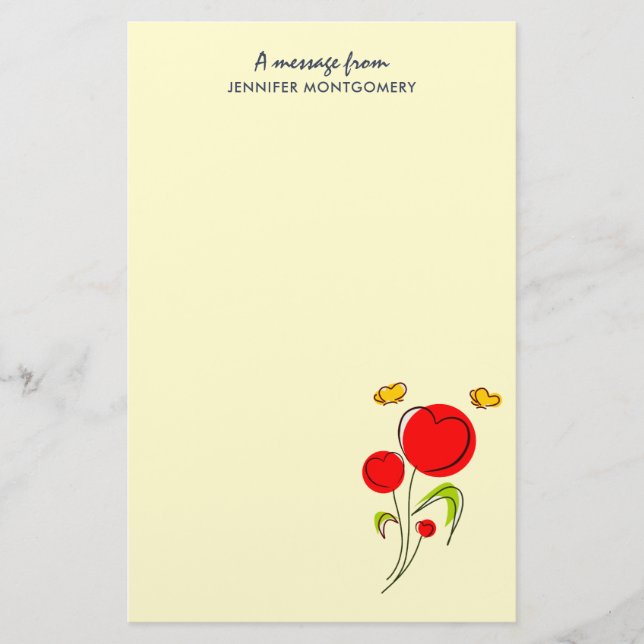 Cute Red Heart Flowers and Yellow Butterflies Stationery (Front)
