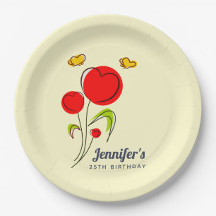 Cute Red Heart Flowers Illustration Birthday Paper Plate