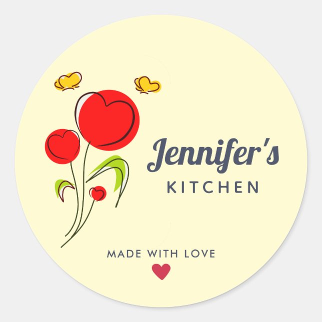 Cute Red Heart Flowers Illustration Kitchen Classic Round Sticker (Front)