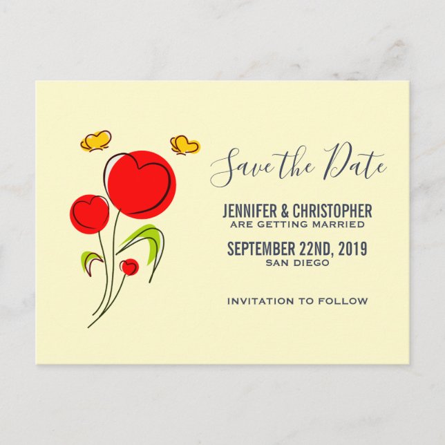 Cute Red Heart Flowers Illustration Save the Date Postcard (Front)