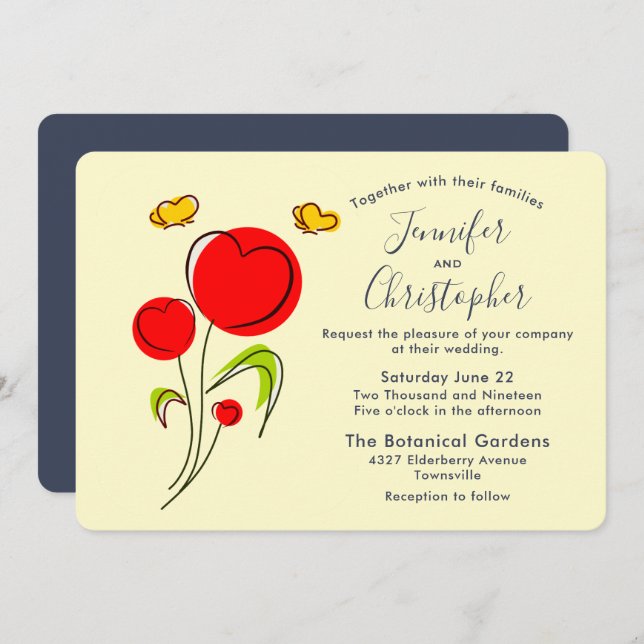 Cute Red Heart Flowers Illustration Wedding Invitation (Front/Back)
