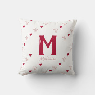 Cute Red Heart Pattern Monogram Name Cushion