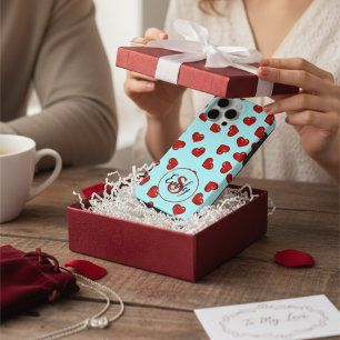 Cute Red Heart Pattern on Blue Custom Monogram iPhone 15 Pro Max Case