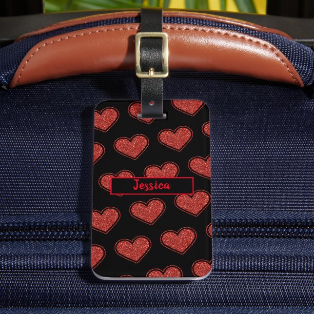 Cute Red Hearts Glitter Customisable  Luggage Tag (Front Insitu 2)