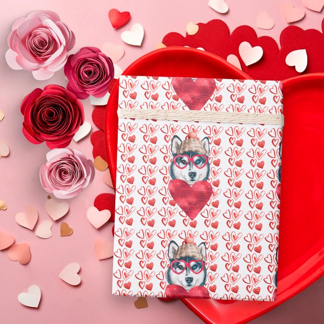 Cute Red Hearts Husky Dog Lover Valentine Wrapping Paper (Creator Uploaded)