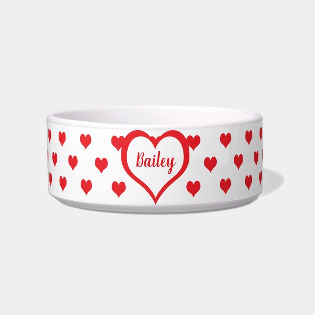 Cute Red Hearts with Red & White Hearts Monogram Bowl (Front)