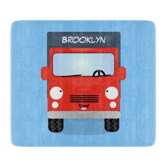Cute red kawaii truck cartoon illustration cutting board (Front)