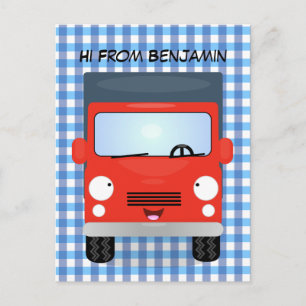 Cute red kawaii truck cartoon illustration postcard