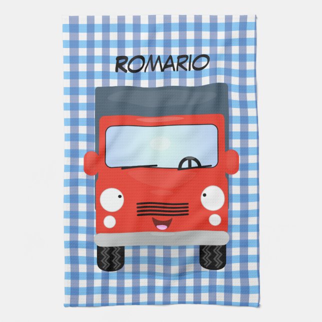 Cute red kawaii truck cartoon illustration tea towel (Vertical)