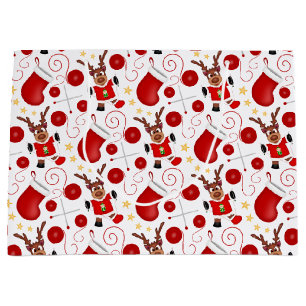 Cute Red Kids Christmas Reindeer Large Gift Bag