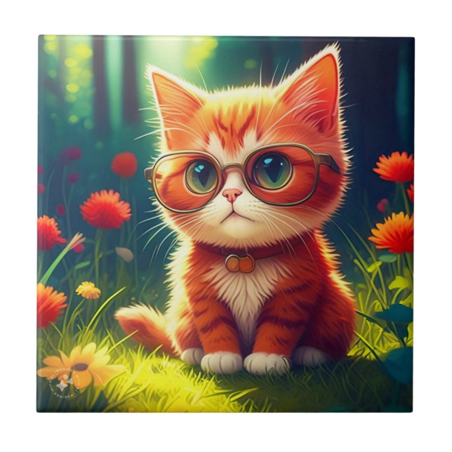 Cute Red Kitten Wearing Glasses-365478 Ceramic Tile (Front)