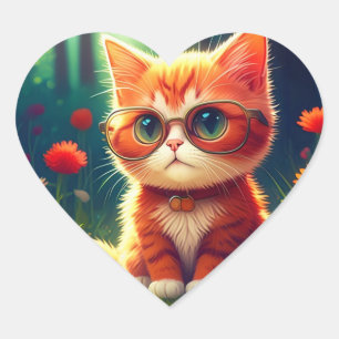 Cute Red Kitten Wearing Glasses-365478 Heart Sticker