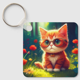 Cute Red Kitten Wearing Glasses-365478 Key Ring
