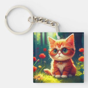 Cute Red Kitten Wearing Glasses-365478 Key Ring