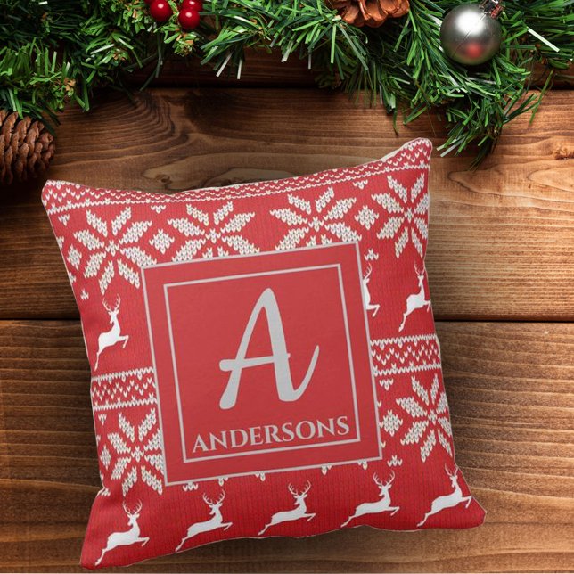 Cute Red Knit Deer Pattern Monogram Cushion (Creator Uploaded)