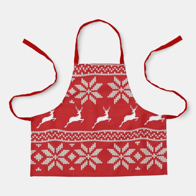Cute Red Knitted White Deer Pattern Apron (Front)