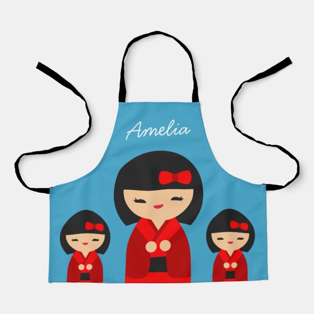 Cute Red Kokeshi Japanese dolls Apron (Front)