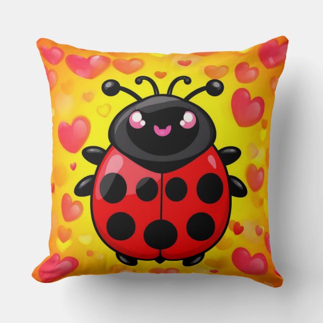 Cute Red Ladybug Character With Happy Smile Cushion (Front)