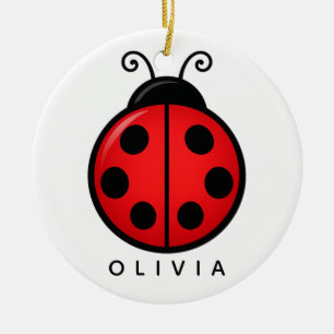 Cute Red Ladybug Custom Name Graphic Art Ceramic Ornament