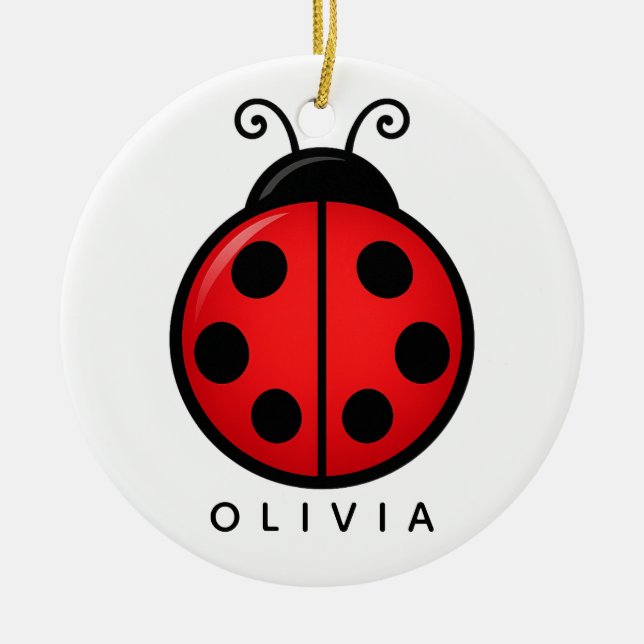 Cute Red Ladybug Custom Name Graphic Art Ceramic Ornament (Front)