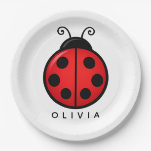 Cute Red Ladybug Custom Name Graphic Art Paper Plate