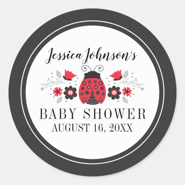Cute Red Ladybug Girl Baby Shower Classic Round Sticker (Front)