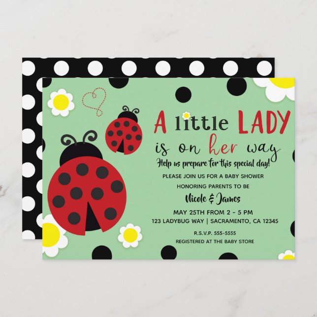 Cute Red Ladybug Green Flowers Girls Baby Shower I Invitation (Front/Back)