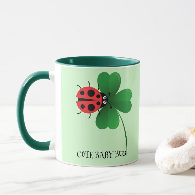 Cute red ladybug on Lucky leaf Kids  Mug (With Donut)