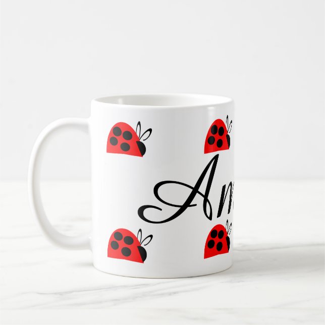 Cute Red Ladybug Personalised Coffee Mug (Left)