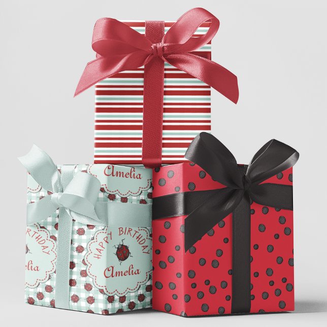 Cute Red Ladybug Personalised Kids Birthday Wrapping Paper Sheet (Ladybug Beetle Insect Wrapping Paper. Customized with Child's Name. Hand-Drawn Ladybugs & Black Dots)