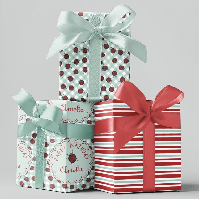 Cute Red Ladybug Personalised Kids Birthday Wrapping Paper Sheet (Colorful Ladybugs Custom Gift Wrap. Editable Text. Hand-Drawn Ladybug Beetles on Turquoise Gingham.)