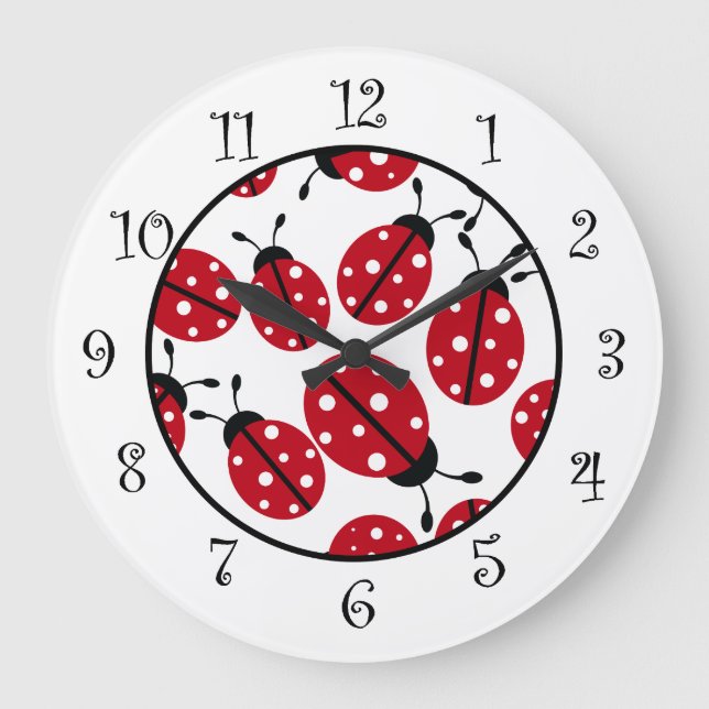 Cute Red Ladybugs Kids Wall Large Clock (Front)