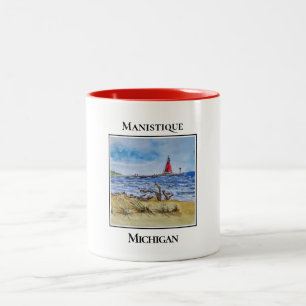 Cute Red Lighthouse, Manistique Michigan Two-Tone Coffee Mug