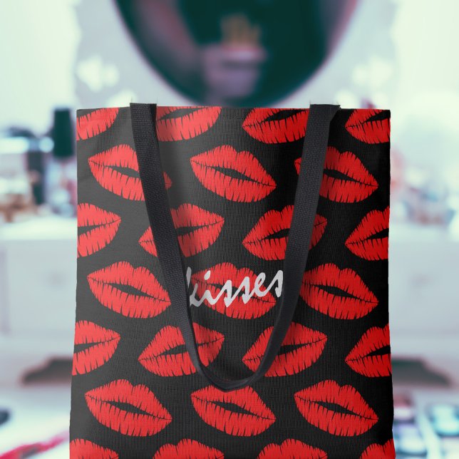 Cute Red Lipstick Kiss Lips Pattern Black Custom Tote Bag (A cute red kisses pattern tote bag with text you can customize. Pop your lipsticks in!)