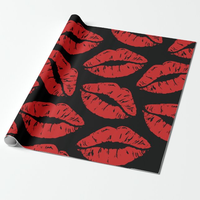 Cute Red Lipstick Kisses Kiss Lips pattern Wrapping Paper (Unrolled)