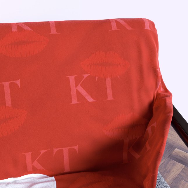 Cute Red Lipstick Kisses Lips Pattern Monogrammed Sherpa Blanket (Add your initials to this red sherpa blanket covered in lipstick kisses)