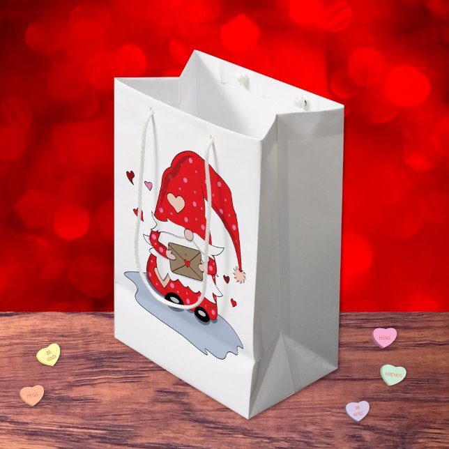 Cute Red Little Gnome Valentine's Day Gift Bag (Adorable red gnome with letter white gift bag .)