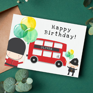 Cute Red London Bus Theme Kids Birthday Card