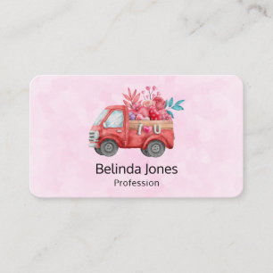 Cute Red Love Truck on Pink Background Business Card