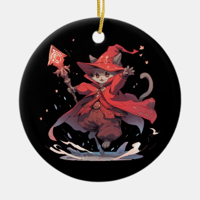 Cute Red Mage Cat Hero Ceramic Ornament (Front)